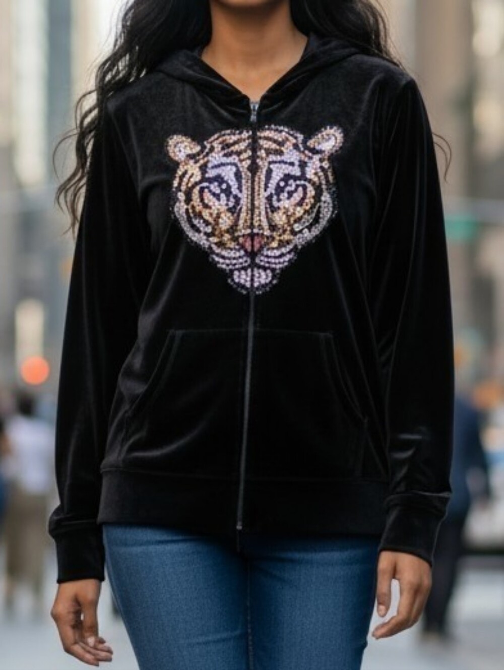 Black Full Zip Hoodie Velour Sequin Tiger XL 14 (Big Girl) Y2k Bling Streetwear